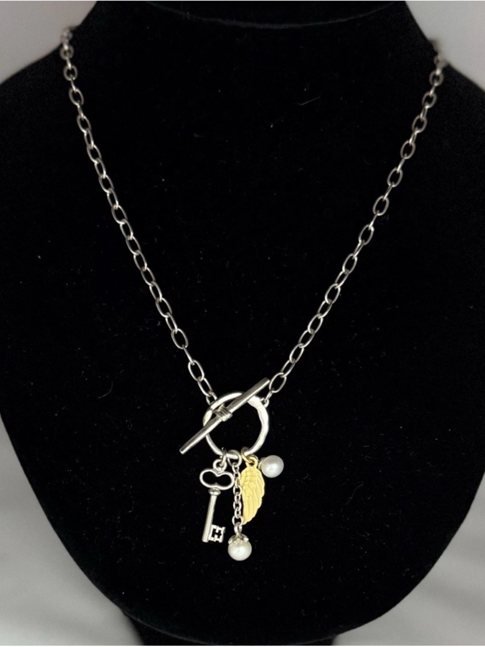 Time To Soar Necklace w Key, Feather & 2 Cultured Pearl Charms Boho Free Spirit